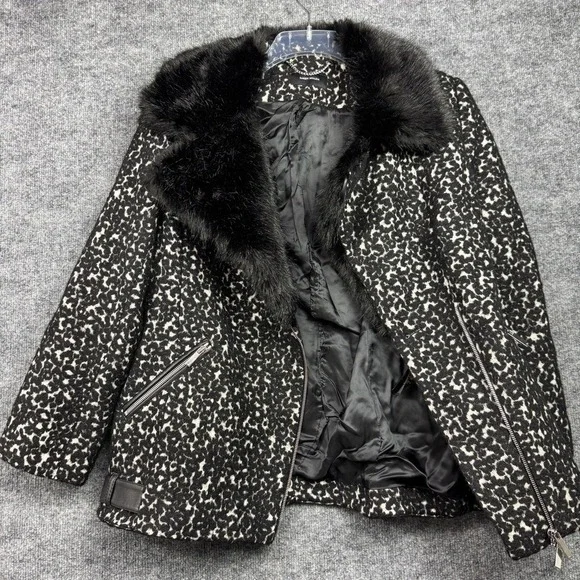 Karen Millen Leopard Print Faux Fur Collar Moto Jacket Women Black White Size 10